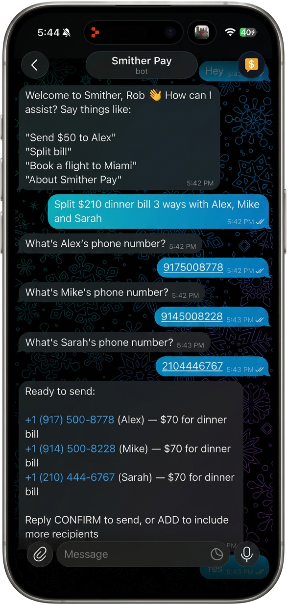 Splitting a bill via Smither