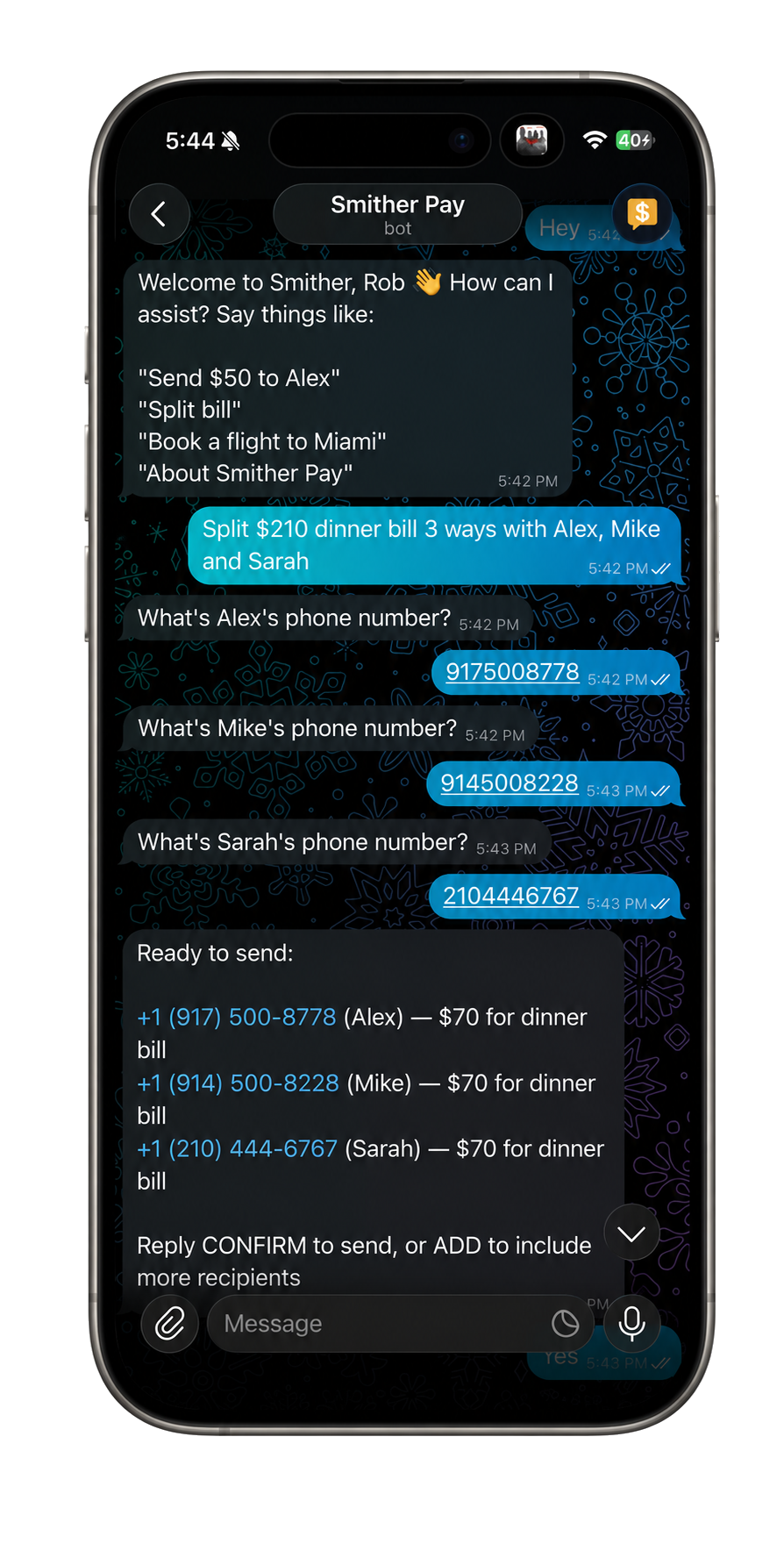 Splitting a bill via Smither