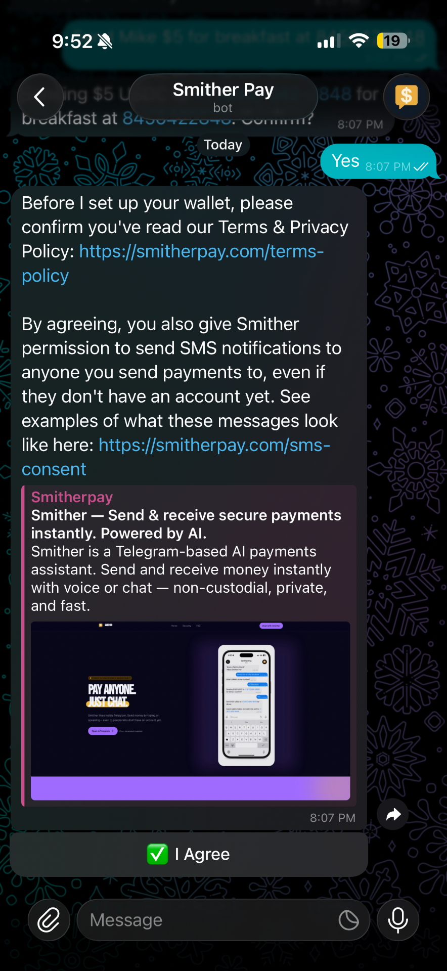 Smither Pay Telegram chat showing the sender's I Agree consent button